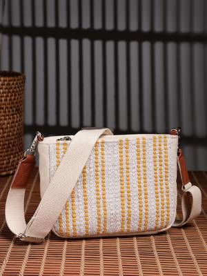 Anekaant earth edit off white & mustard jacquard striped sling bag 9