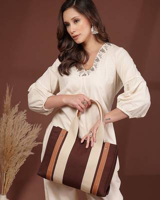 Anekaant sutra soil coffee brown canvas colorblocked handheld bag 9