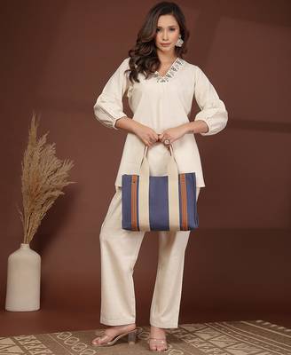 Anekaant sutra soil navy blue canvas colorblocked handheld bag 9