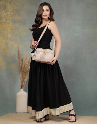 Anekaant earth edit beige jacquard geometric sling bag 9