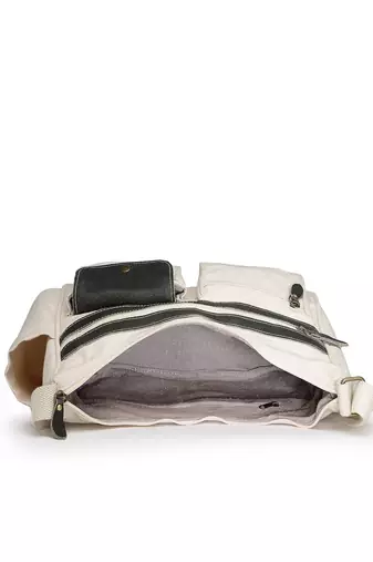 Anekaant timber  &  thread off white cotton multipocket sling bag
