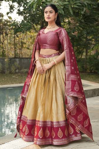 Peach Color Zari Weaving Work Kanchipuram Silk  Pattu Lehenga Choli With Unstitched Blouse