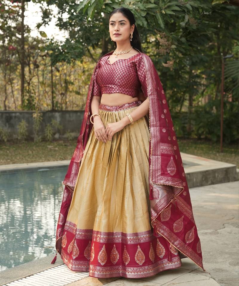 Peach Color Zari Weaving Work Kanchipuram Silk  Pattu Lehenga Choli With Unstitched Blouse