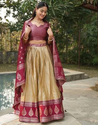 Peach Color Zari Weaving Work Kanchipuram Silk  Pattu Lehenga Choli With Unstitched Blouse 2