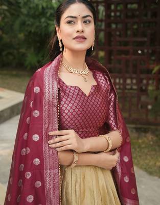 Peach Color Zari Weaving Work Kanchipuram Silk  Pattu Lehenga Choli With Unstitched Blouse 3