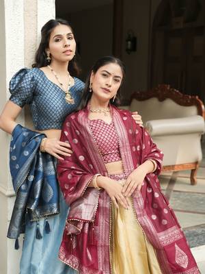 Peach Color Zari Weaving Work Kanchipuram Silk  Pattu Lehenga Choli With Unstitched Blouse 4