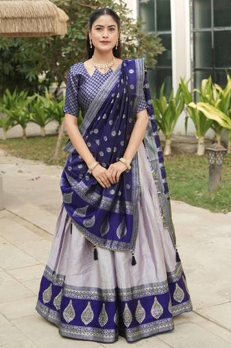 Purple Color Zari Weaving Work Kanchipuram Silk  Pattu Lehenga Choli With Unstitched Blouse