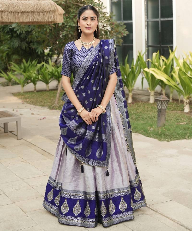 Purple Color Zari Weaving Work Kanchipuram Silk  Pattu Lehenga Choli With Unstitched Blouse