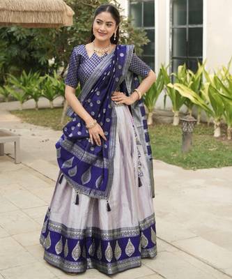Purple Color Zari Weaving Work Kanchipuram Silk  Pattu Lehenga Choli With Unstitched Blouse 2