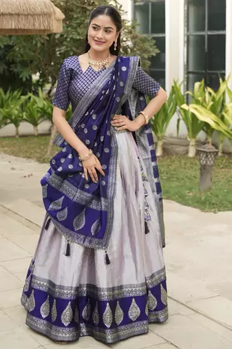 Purple Color Zari Weaving Work Kanchipuram Silk  Pattu Lehenga Choli With Unstitched Blouse