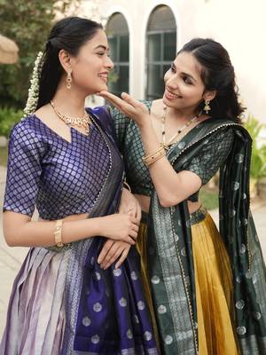 Purple Color Zari Weaving Work Kanchipuram Silk  Pattu Lehenga Choli With Unstitched Blouse 4