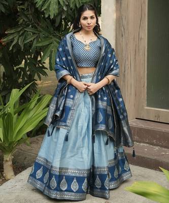 Sky Color Zari Weaving Work Kanchipuram Silk  Pattu Lehenga Choli With Unstitched Blouse 1