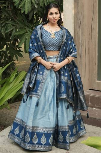 Sky Color Zari Weaving Work Kanchipuram Silk  Pattu Lehenga Choli With Unstitched Blouse