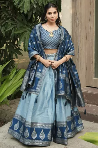 Sky Color Zari Weaving Work Kanchipuram Silk  Pattu Lehenga Choli With Unstitched Blouse