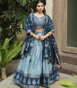 Sky Color Zari Weaving Work Kanchipuram Silk  Pattu Lehenga Choli With Unstitched Blouse