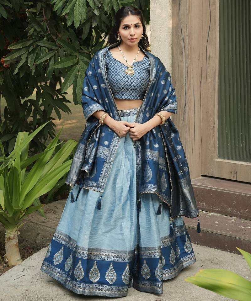 Sky Color Zari Weaving Work Kanchipuram Silk  Pattu Lehenga Choli With Unstitched Blouse