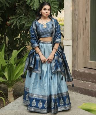Sky Color Zari Weaving Work Kanchipuram Silk  Pattu Lehenga Choli With Unstitched Blouse 2