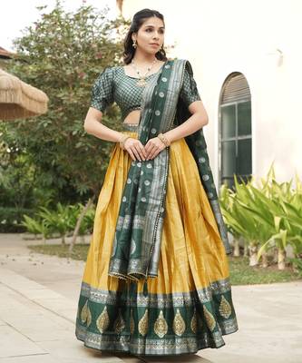 Yellow Color Zari Weaving Work Kanchipuram Silk  Pattu Lehenga Choli With Unstitched Blouse 1