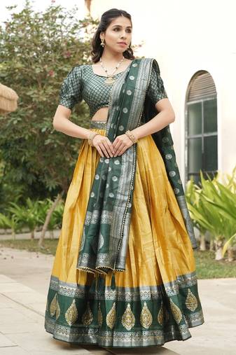 Yellow Color Zari Weaving Work Kanchipuram Silk  Pattu Lehenga Choli With Unstitched Blouse