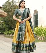 Yellow Color Zari Weaving Work Kanchipuram Silk  Pattu Lehenga Choli With Unstitched Blouse