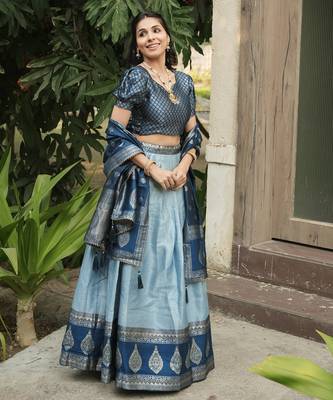 Sky Color Zari Weaving Work Kanchipuram Silk  Pattu Lehenga Choli With Unstitched Blouse 3