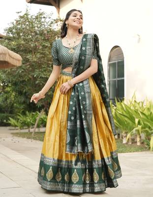 Yellow Color Zari Weaving Work Kanchipuram Silk  Pattu Lehenga Choli With Unstitched Blouse 2