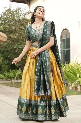 Yellow Color Zari Weaving Work Kanchipuram Silk  Pattu Lehenga Choli With Unstitched Blouse