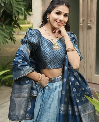 Sky Color Zari Weaving Work Kanchipuram Silk  Pattu Lehenga Choli With Unstitched Blouse 4
