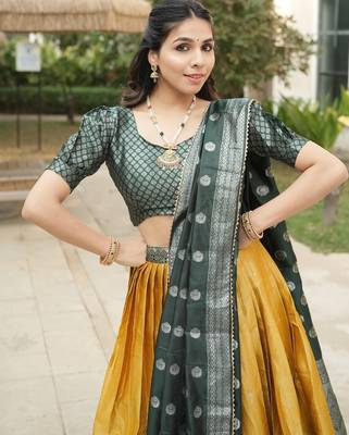 Yellow Color Zari Weaving Work Kanchipuram Silk  Pattu Lehenga Choli With Unstitched Blouse 3