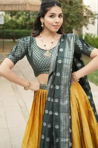 Yellow Color Zari Weaving Work Kanchipuram Silk  Pattu Lehenga Choli With Unstitched Blouse