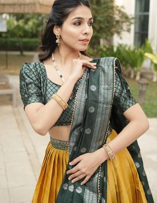 Yellow Color Zari Weaving Work Kanchipuram Silk  Pattu Lehenga Choli With Unstitched Blouse 4