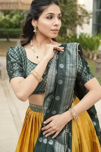 Yellow Color Zari Weaving Work Kanchipuram Silk  Pattu Lehenga Choli With Unstitched Blouse