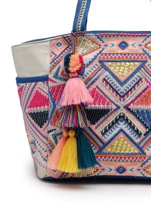 Anekaant kooky off white geometric jacquard embellished tote bag 8