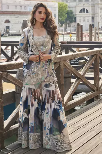 grey multicolor premium chinon silk plazzo jacket style suit