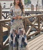 grey multicolor premium chinon silk plazzo jacket style suit