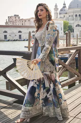 grey multicolor premium chinon silk plazzo jacket style suit