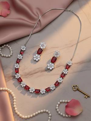 Exquisite red flower motif cz sleek necklace set 1