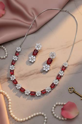 Exquisite red flower motif cz sleek necklace set