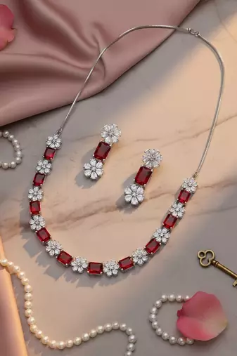 Exquisite red flower motif cz sleek necklace set