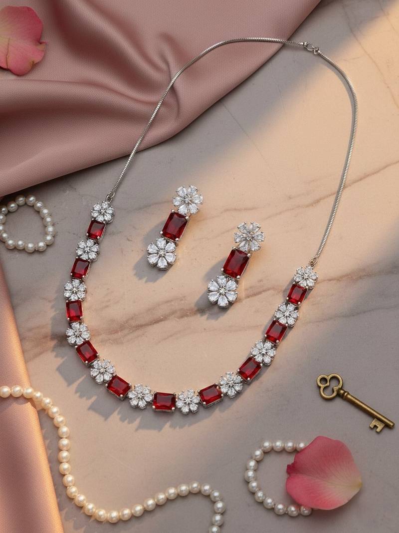 Exquisite red flower motif cz sleek necklace set