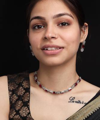 Exquisite red flower motif cz sleek necklace set 2