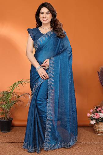 blue elegant embellished jimmy saree with frendi diamond border & blouse piece
