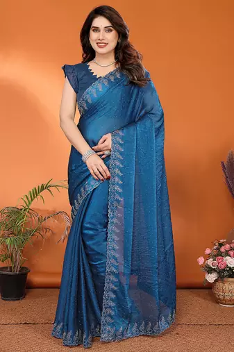 blue elegant embellished jimmy saree with frendi diamond border & blouse piece