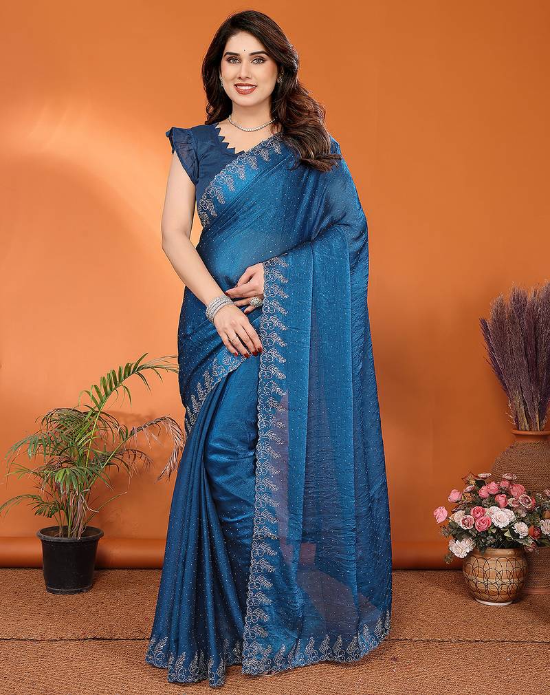 blue elegant embellished jimmy saree with frendi diamond border & blouse piece