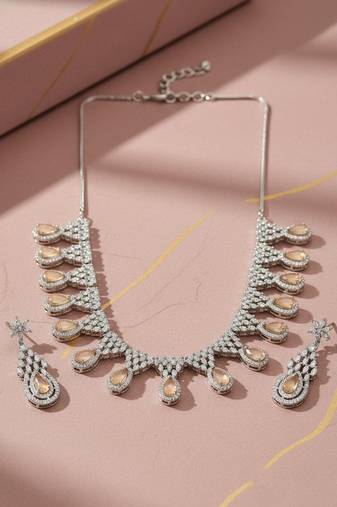 Orange ad-cz tear drop statement necklace set