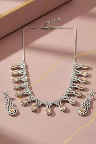 Orange ad-cz tear drop statement necklace set