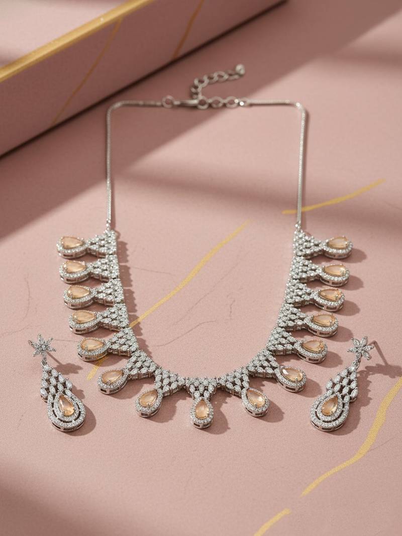 Orange ad-cz tear drop statement necklace set