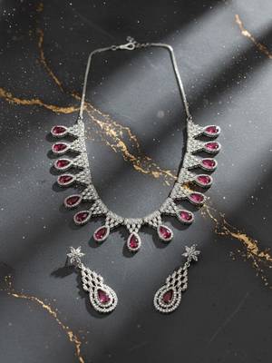 Red ad-cz tear drop statement necklace set 1