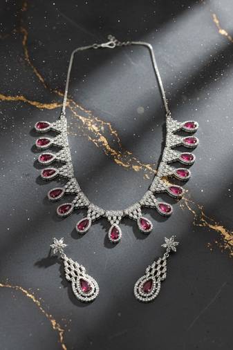 Red ad-cz tear drop statement necklace set