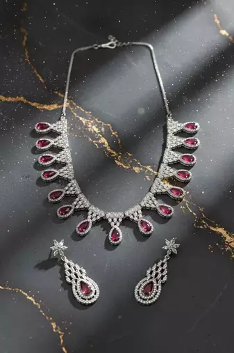 Red ad-cz tear drop statement necklace set